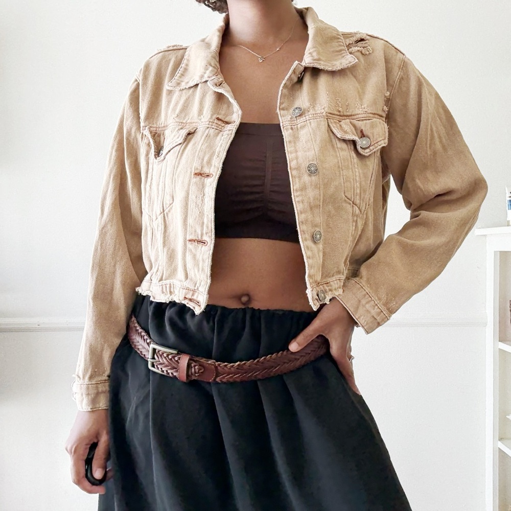 camel distressed cropped twill jacket